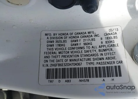 2013 Honda Civic Si z USA, uszkodzony, nr VIN 2HGFB6E52DH704067